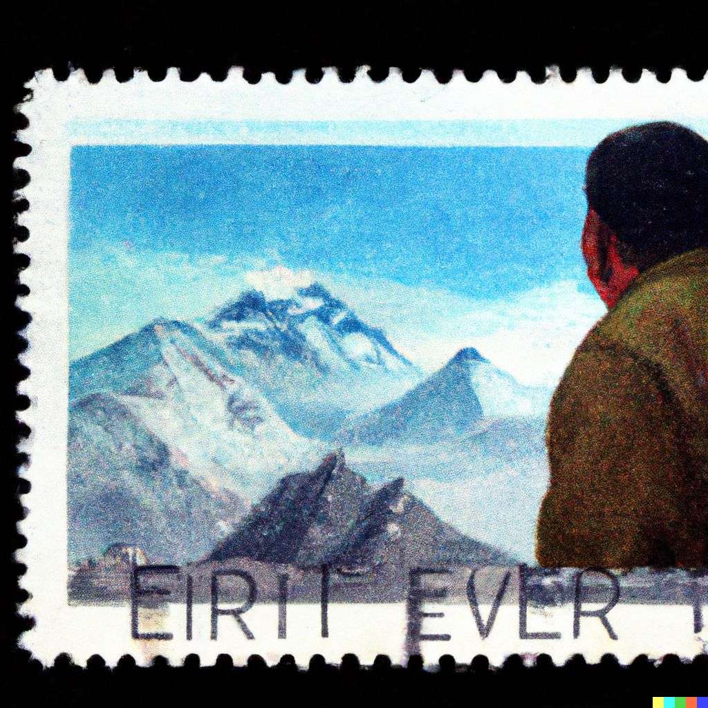 someone gazing at Mount Everest, postage stamp